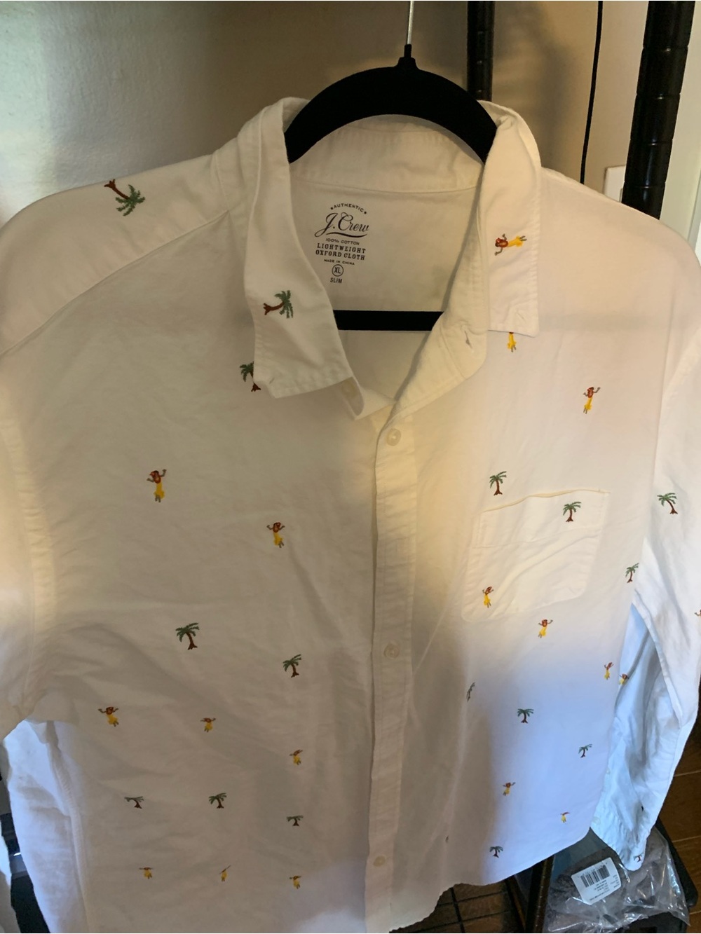 J. Crew White Button-Down Shirt with Palm Tree & Surfer Embroidery